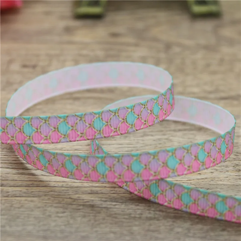 DHK 3/8\'\' 5yards mermaid fish scale leaf printed grosgrain ribbon Accessory hairbow headwear DIY decoration 9mm E1589