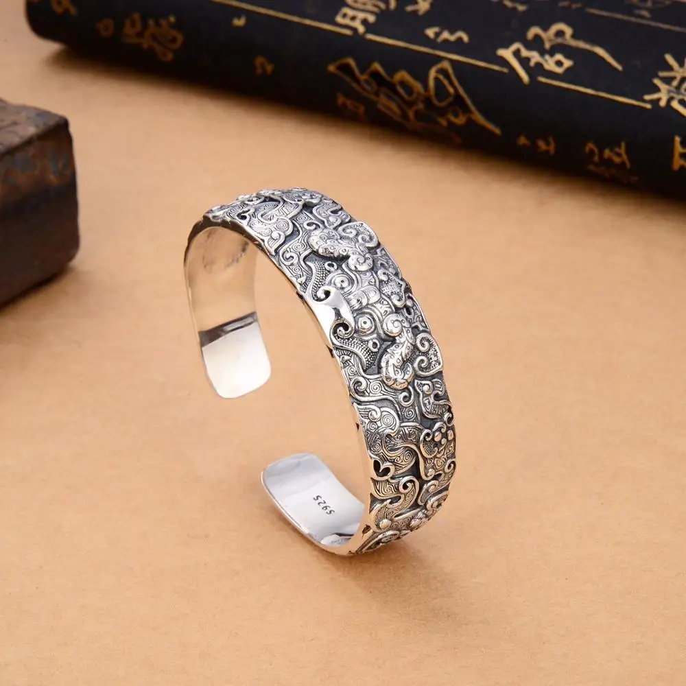 19MM Wide Cuff Bangles for Men Dragon Carved Ethnic Open Bangle 100% S925 Sterling Silver colour Buddhism Jewelry bracelet