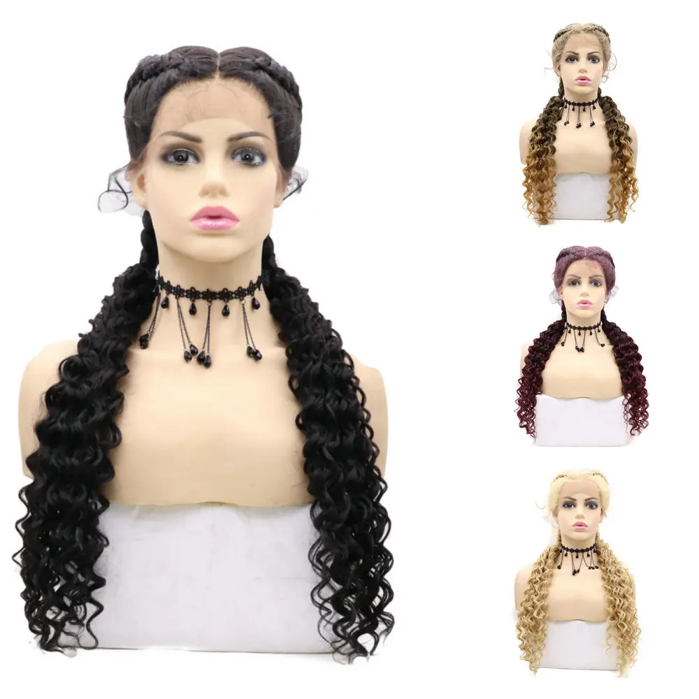 

Sylvia Black Synthetic Braided Wig Double Braids Ponytail Long Braid Wigs Middle Part with Baby Hair for Women Bouncy Curly Wig