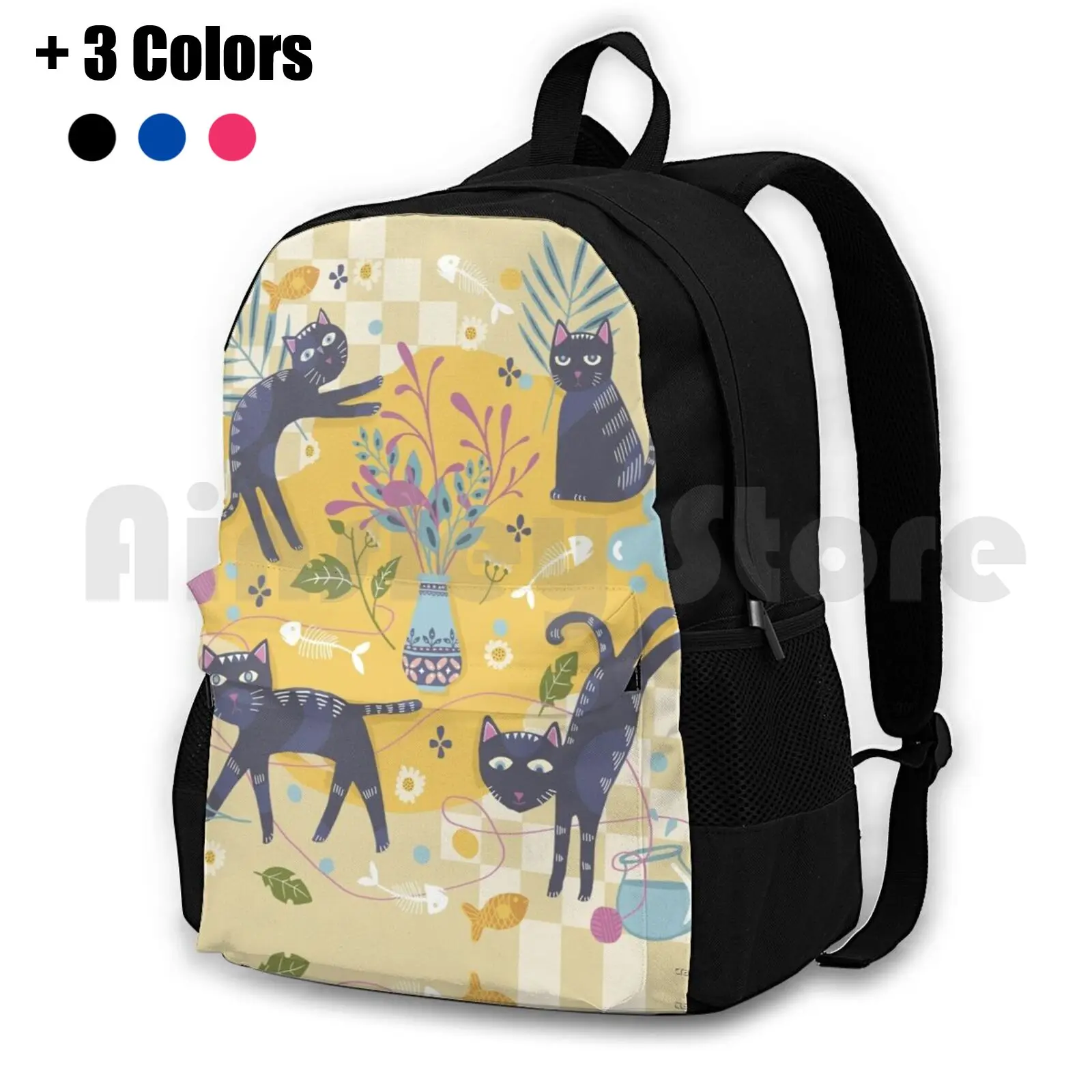 Bali Black Cats Flowers Outdoor Hiking Backpack Waterproof Camping Travel Cat Cats Black Yellow Play Flowers Floral Fish Bone