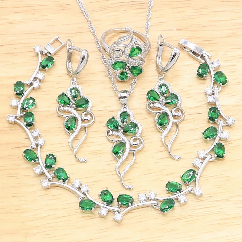 Green Zirconia Wedding Jewelry Sets For Women Bracelet Earrings Necklace Pendant Ring Bridal Birthday Gift