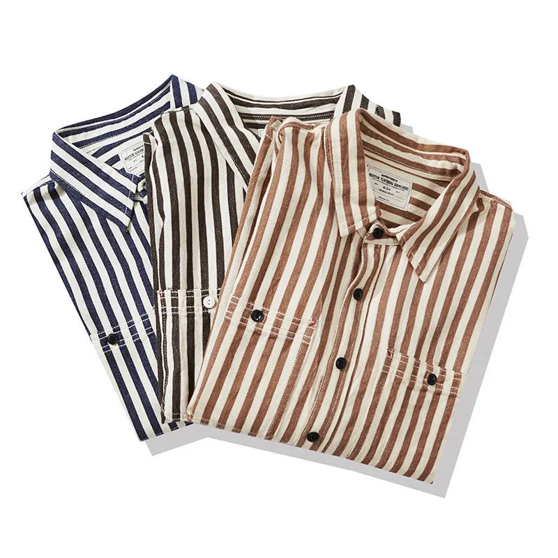 Amekaji Vintage Striped Work Shirt Men Spring Autumn New Washed Cotton Long Sleeve Workwear Shirts Streetwear Casual Couple Tops