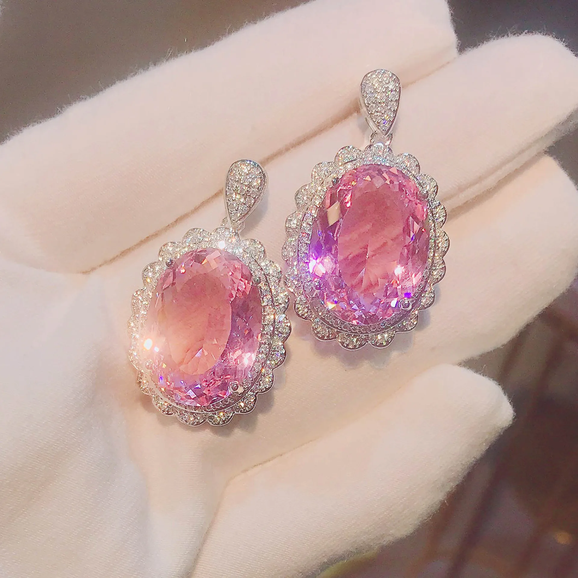 Foydjew Color Treasure Jewelry Sets Simulation Pink Morgan Stone Pendant Open Ring Super Flash Pink Zircon Necklaces Earrings