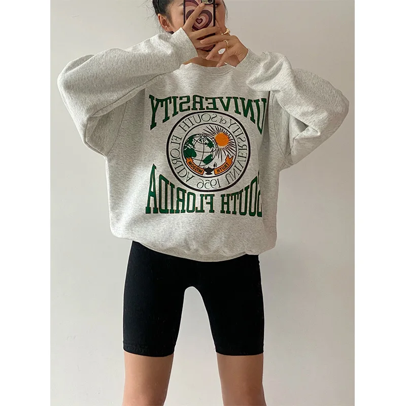 American Vintage University of South Florida Print Female Thick Pullover Long Sleeve Thick 2021 Autumn Winter Grey Sweatshirts