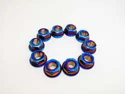 10Pcs Burning blue Ti M8 P1.25 M8X1.25mm Flange Nut Screws Bolts for Motorcycle Bicycle Bike Titanium Nuts