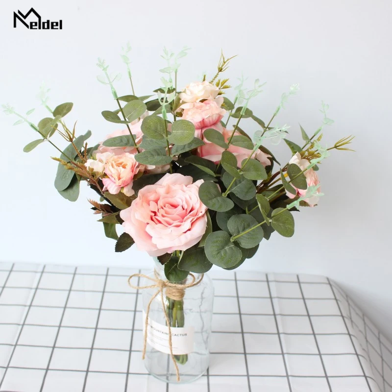 Meldel Silk Rose Bouquet Handmade Bride Wedding Bouquet Artificial Silk Rose Peony Flower Eucalyptus Leaf White Wedding Flower