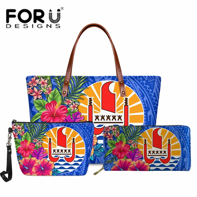 Tahiti with Flower French Polynesia Printing Shoulder Bag for Women Luxury 3Pcs/Set Tote Handbag&Purse Ladies Beach Bag Bolsa