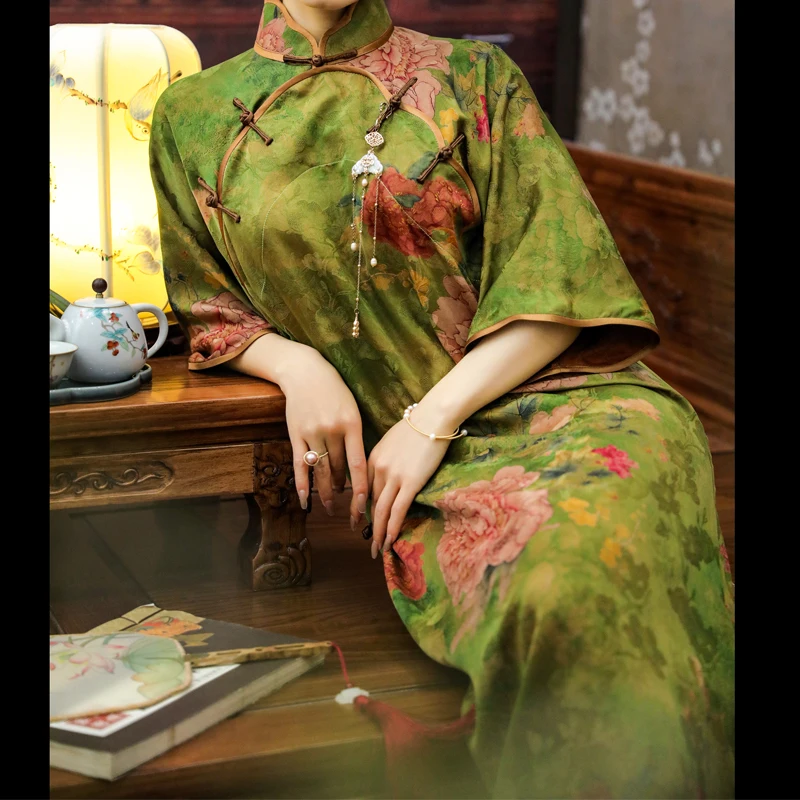 Chinese Clothes Real Silk Hualuo Qipao Green Cheongsams Hand Made One Piece Cheongsam Dress Oriental Traditional Clothes Woman