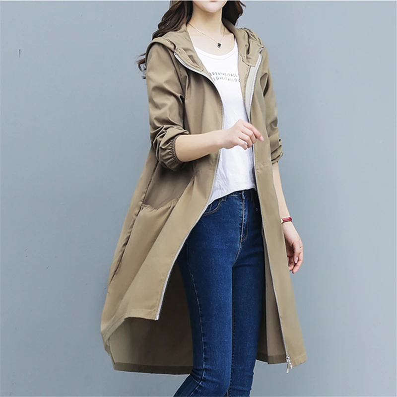 

Spring Autumn Thin Hooded Trench Coat Women Korean Casual Loose Solid Long Windbreaker Women Overcoat Female Casaco Feminino