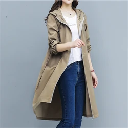 Spring Autumn Thin Hooded Trench Coat Women Korean Casual Loose Solid Long Windbreaker Women Overcoat Female Casaco Feminino