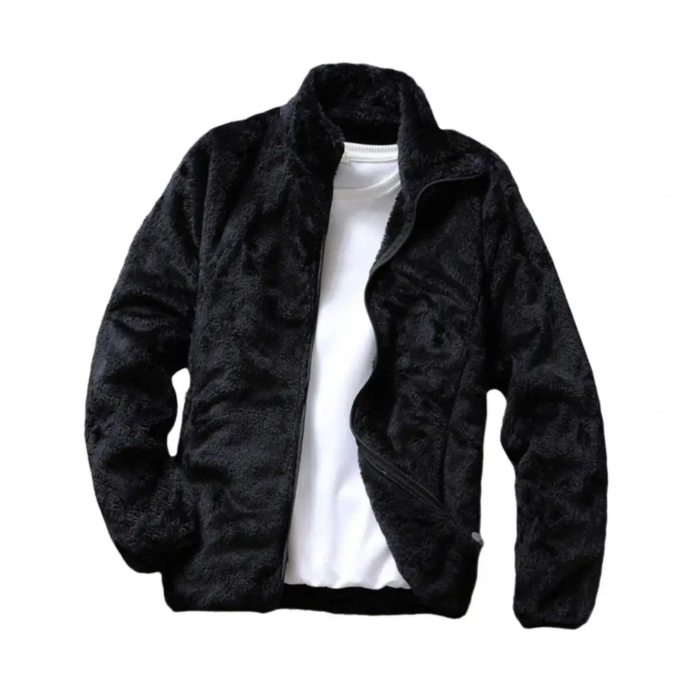 Zipper Closure Side Pockets Fleece Winter/Autumn Men's Jacket Double Sided Velvet Stand Collar Warm Cardigan Jacket Outerwear