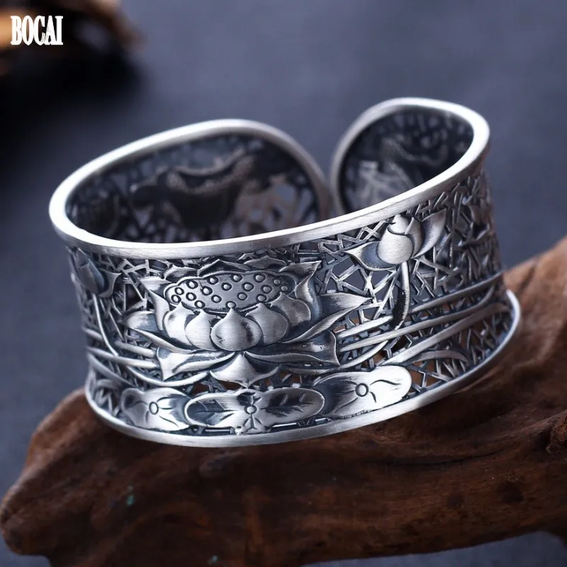 2020 new real s999 pure silver matte female bracelet retro ethnic style wide face carved lotus adjustable bracelet for women