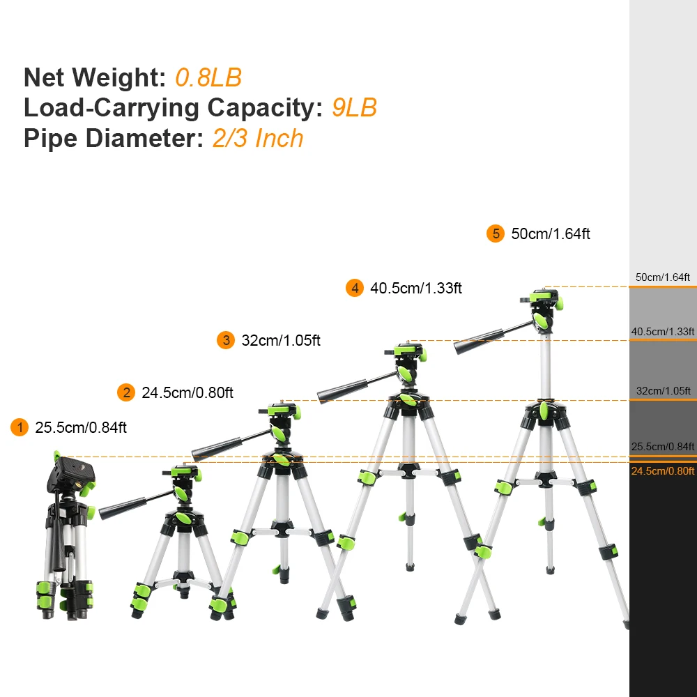 Huepar Aluminum Portable Adjustable Tripod for Laser Level Camera with 3-Way Flexible Pan Head Bubble Level 1/4\