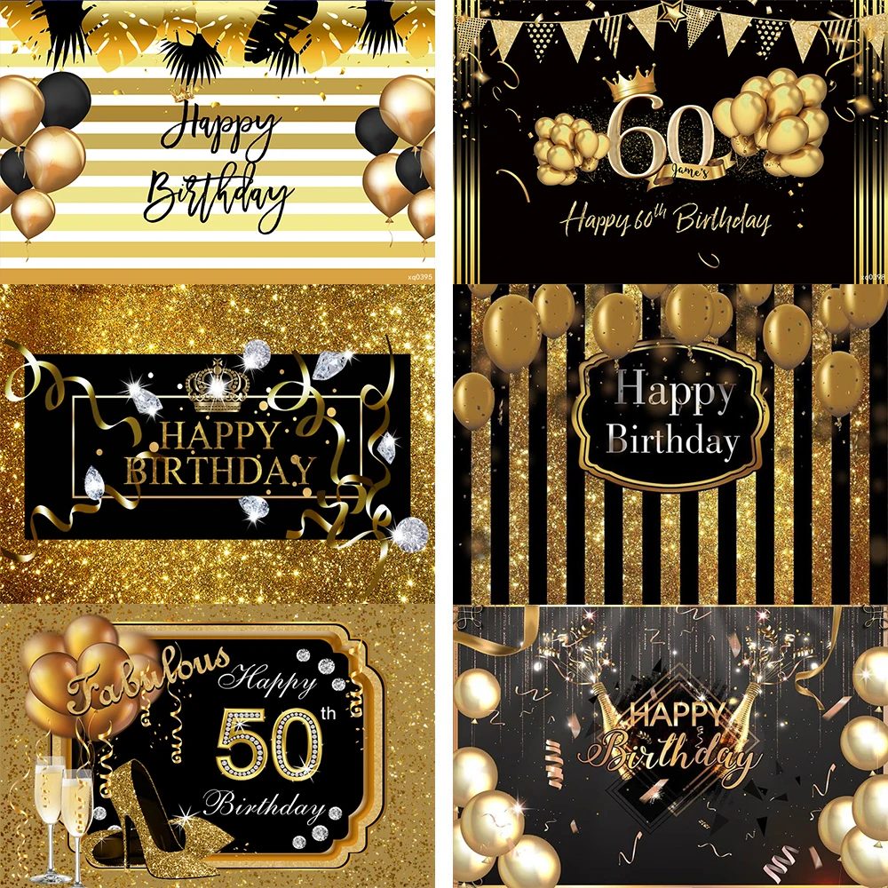 Golden Glitter Happy Birthday Backdrop Photo Studio Bokeh Balloons Adult Birthday Photo Background Black Gold Dots Backdrops