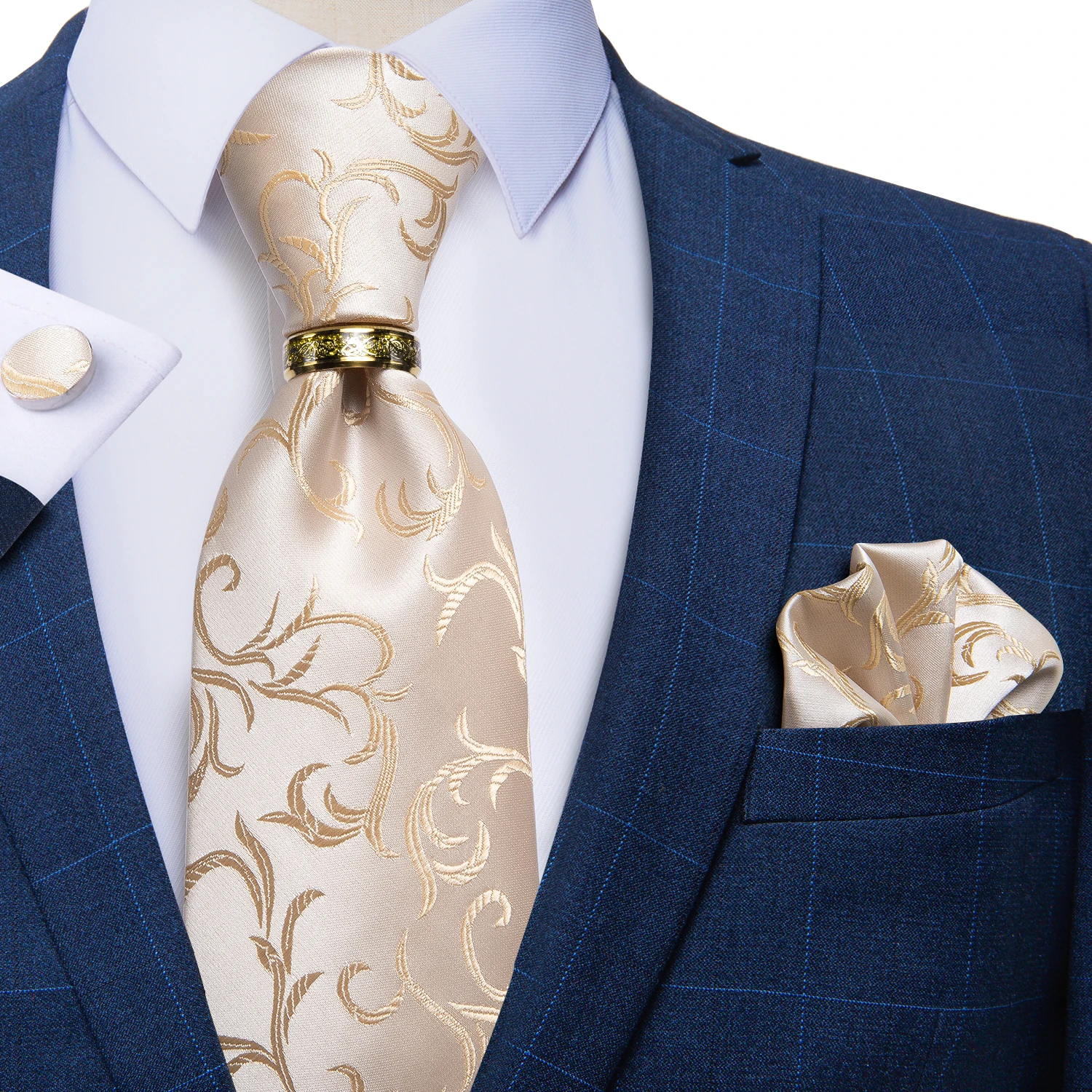 Beige Floral Herren Krawatten Taschentuch Manschettenknöpfe Hochzeit Party Krawatten für Männer Edelstahl Drachen Ring Männer Accessoires Geschenk – Detail 12
