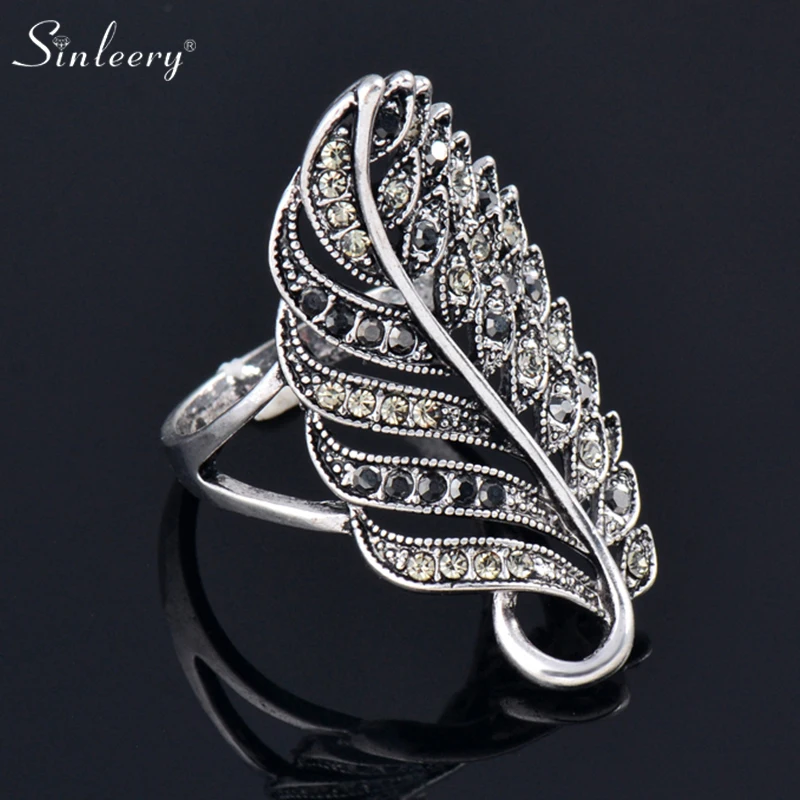 SINLEERY Trend Vintage Black Cubic Zircon Hollow Leaf Big Rings For Women Silver Color Fashion Jewelry