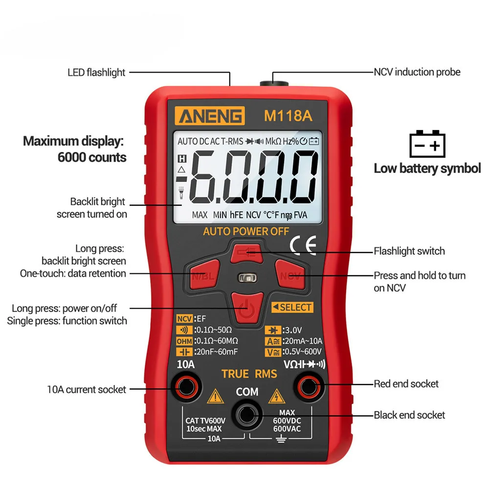 ANENG M118A Digital Mini Multimeter Tester Auto Mmultimetro True Rms Tranistor Meter with NCV Data Hold 6000counts Flashlight