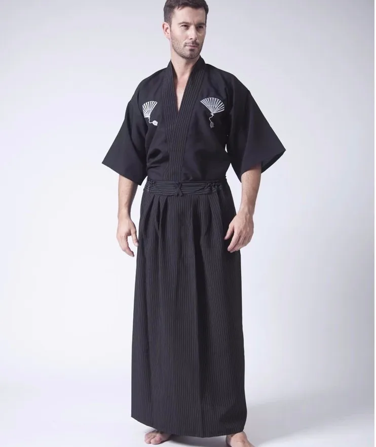 Vintage Black Japanese Men\'s Warrior Kimono With Obi Traditional Yukata Samurai Clothing Convention Costume Cosplay