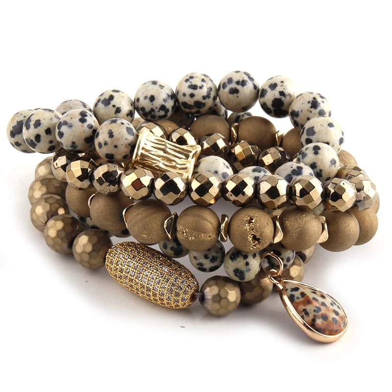 Fashion Jewelry Beautiful Magnetic Dalmatian Bracelet Set Natural Druzy Stone CZ Ball Bracelets