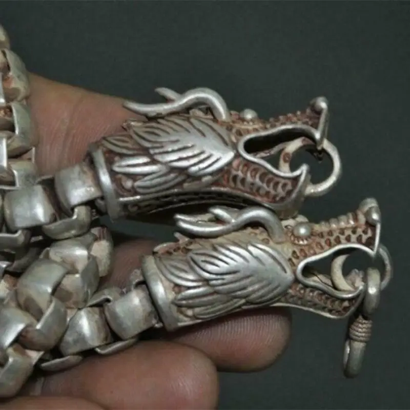 Old Chinese Tibetan Silver Copper Auspicious Double Dragon Loong Head Beast   Statues  Amulet Statue Mascot Gift