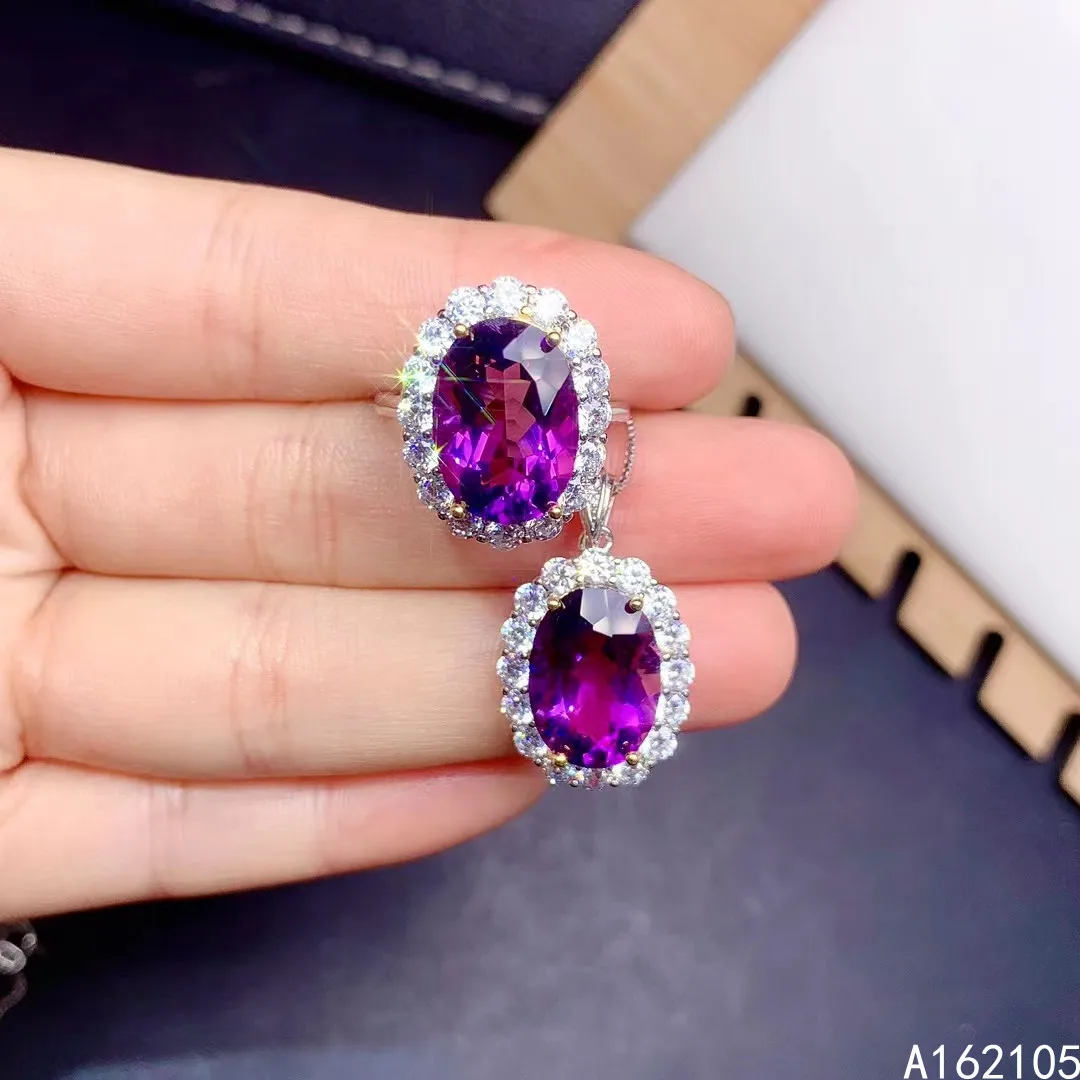 

Fine Jewelry 925 Pure Silver Chinese Style Natural Amethyst Women's Luxury Trendy Oval Gem Pendant Adjustable Ring Set Sup