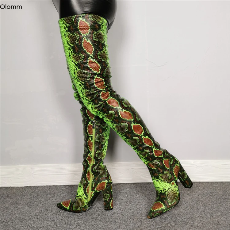 

Olomm New Fashion Women Thigh High Boots Square High Heels Boots Pointed Toe Gorgeous Green Brown Party Shoes Women US Size 5-15