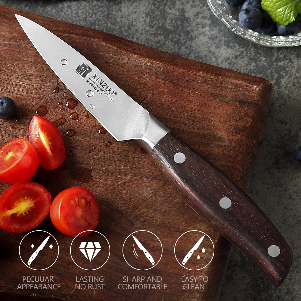 XINZUO 3.5\'\' Paring Knife GERMAN 1.4116 Stainless Steel Kitchen Knife Red Sandalwood Handle Fruit Utility Knives Kitchen Tackle