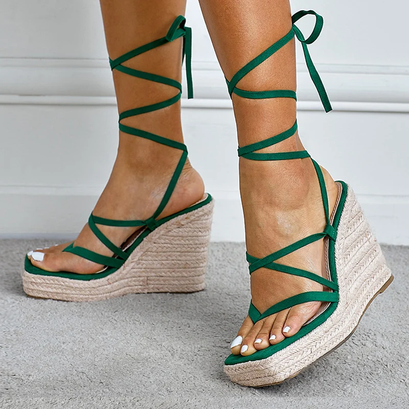 Fashion 12.5CM Wedges Heels Platform Sandals Women Summer Green Narrow Band Open Toe Ankle Lace-Up Party Dress Shoes Plataforma