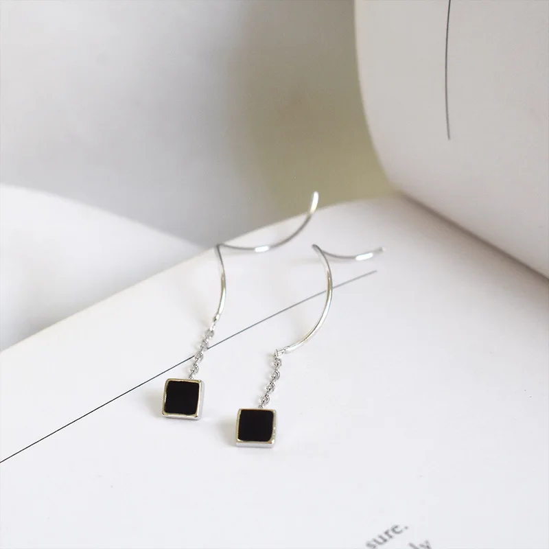 LKO Real 925 Sterling Silver Black Resin Plated Ear Studs Square With Twist Wave Earrings For Women Fashion Jewelry Accessories