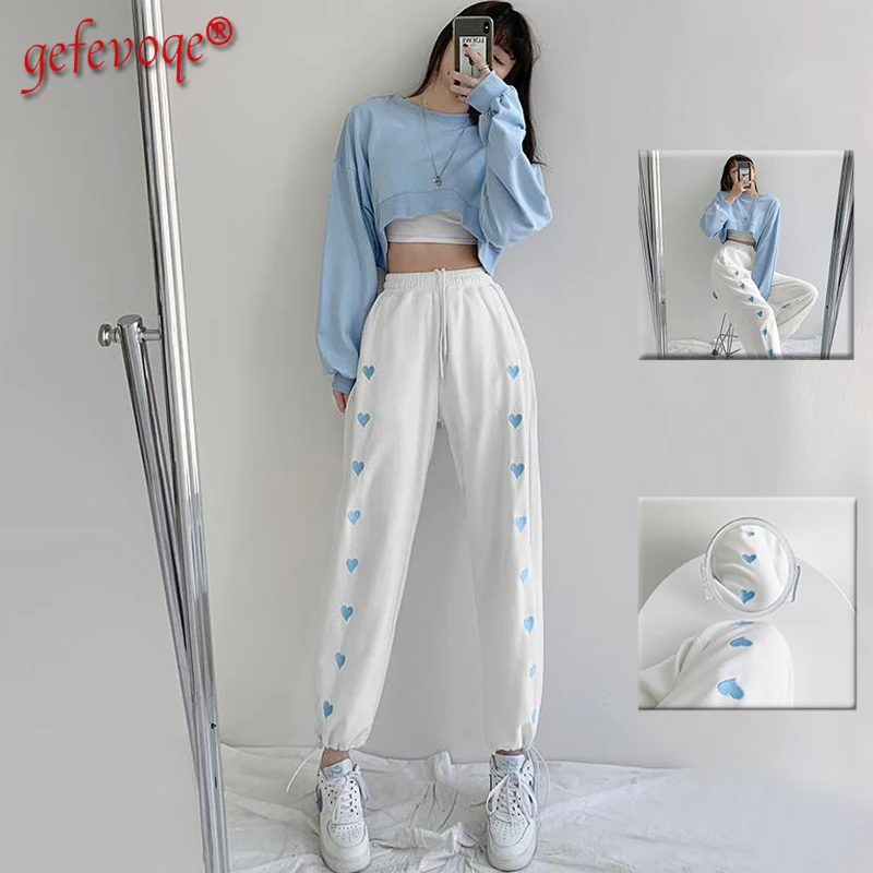 Korean Women Casual Loose Heart Print Streetwear Sweatpants Femme High Waist Harajuku Trousers Wide Leg Sport Jogger Harem Pants