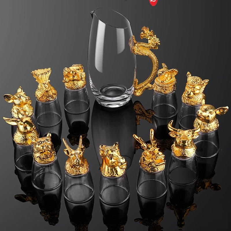 

Household Crystal Glass 12 Zodiac White Wine Glasses Decanter Set Restaurant Party Wine Glass Chinese Retro Wine Gift Bar Sets