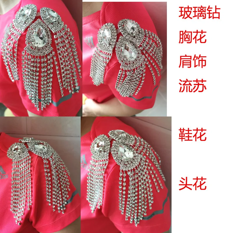 tear-drop crystal applique with long tassel for garments shoulders decoration rhinestone applique for scarf hairdress ornaments