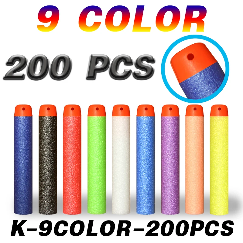 200pcs 9 Colors Soft Bullet Flat Soft Head Foam Bullets for Nerf N-strike Elite Series 7.2c*1.3cm