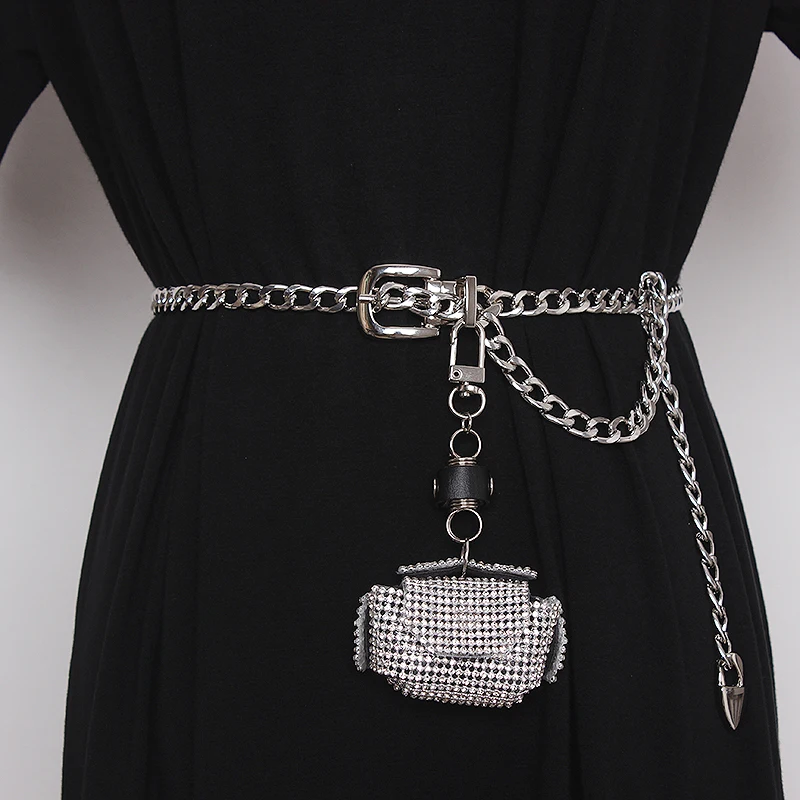 

Women's Runway Fashion Diamonds Bag Metal Chain Cummerbunds Female Dress Corsets Waistband Belts Decoration Narrow Belt TB1635