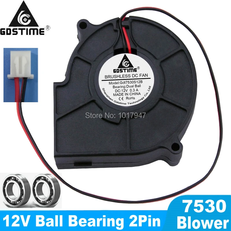 

2 Pieces lot Gdstime 75mm x 30mm 7530 2Pin 12V Dual Ball Bearing DC Brushless Cooling Blower Fan