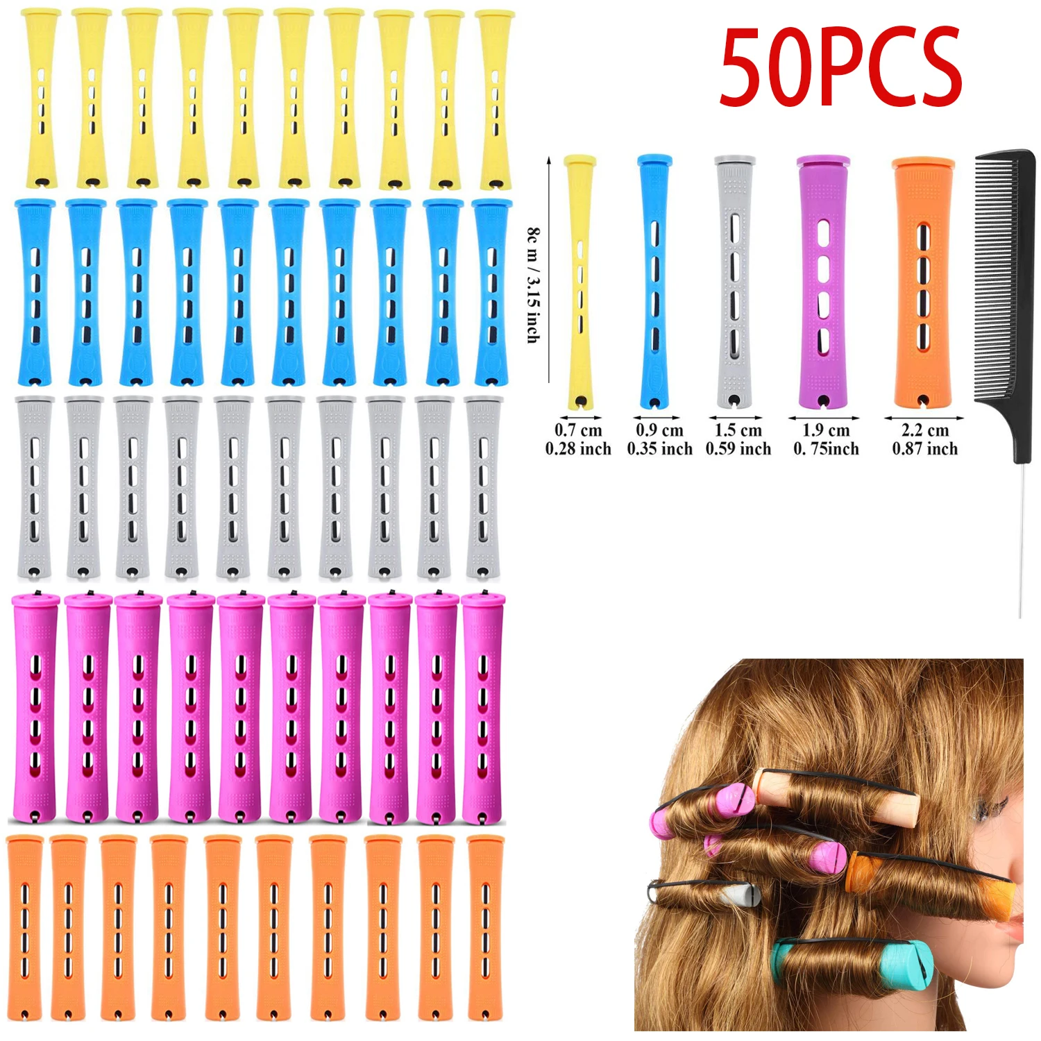 Perm Rods and 50 Pieces 5 Sizes Hair Rollers with Hair Cold Wave Rods Hair Curler for Women Long Short Hair