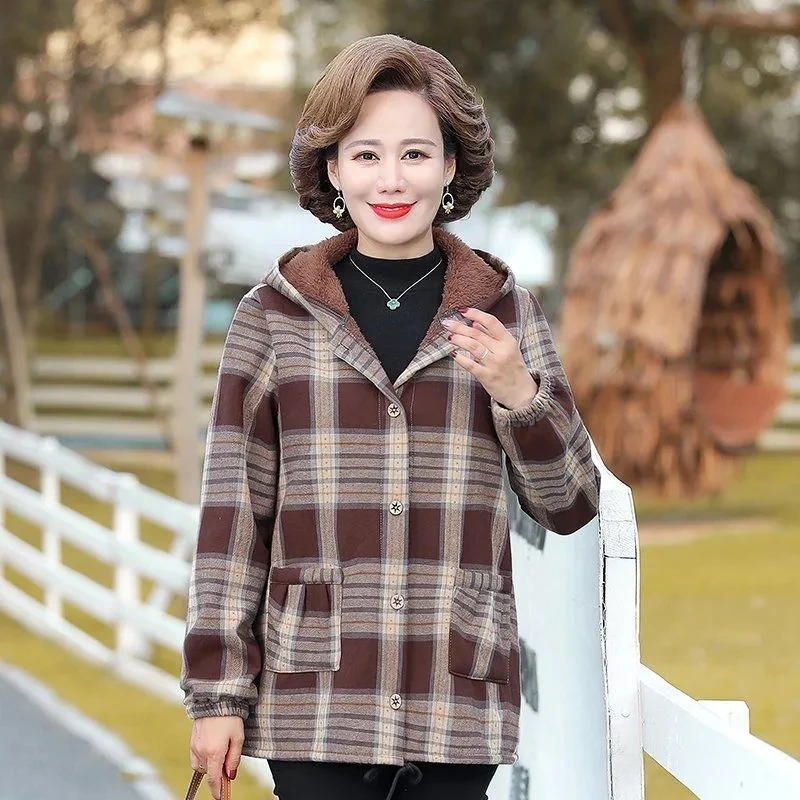 Middle-Aged and Elderly Women's Autumn Winter Fleece Hooded Casual Jacket 40-Year-Old Women's Cotton Outerwear Mother Loose Coat