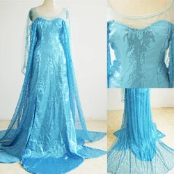 Fashion Women Princess Long Maxi Dress Anime Movie Blue Sequined Cosplay Costume Mesh Patchwork Floor Length Evening Dress