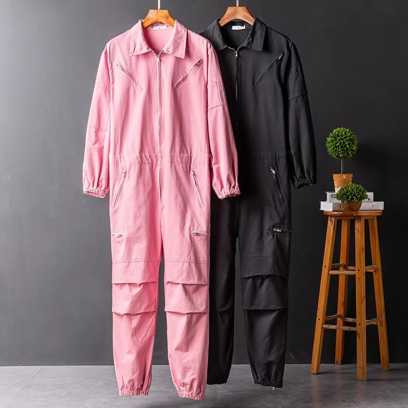 Hop Hip Mens Jumpsuits Long Sleeve Lapel Zipper Safari Style Overalls Streetwear Loose Fashion Cargo Pants Men Casual Rompers