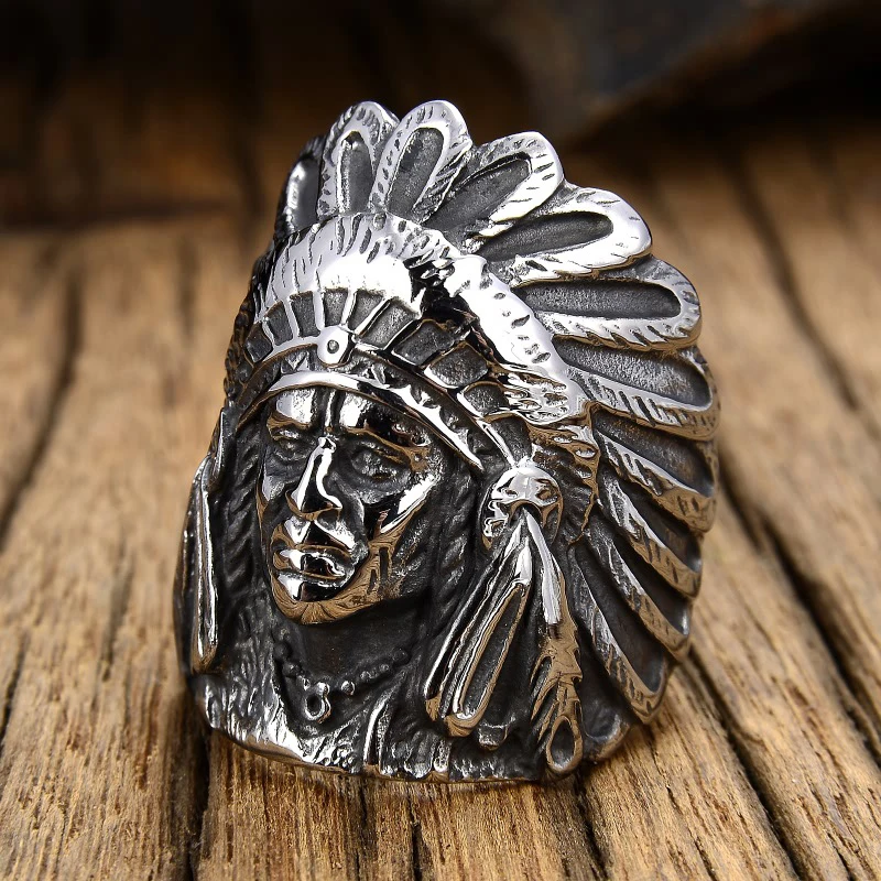 Picture: Detailed Indian Chief Ring Men's 316L Stainless Steel Biker Ring Male Huge Punk Hip Hop Rings Best Gift for Friend