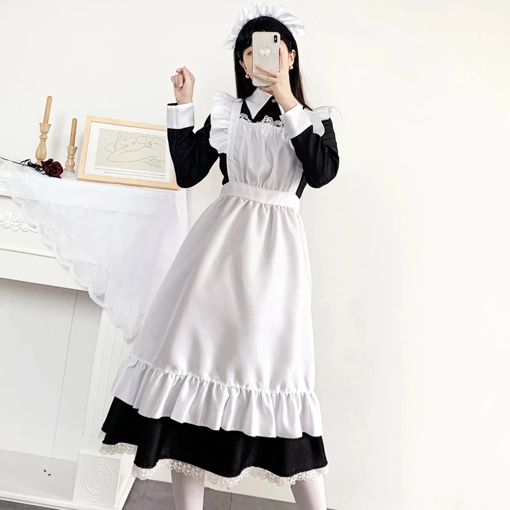 

Plus Size Women Maid Outfit Long Maid Cosplay Costume Black White Lolita Dress with Apron Anime Dress Lace Cafe Uniform 4XL 5XL