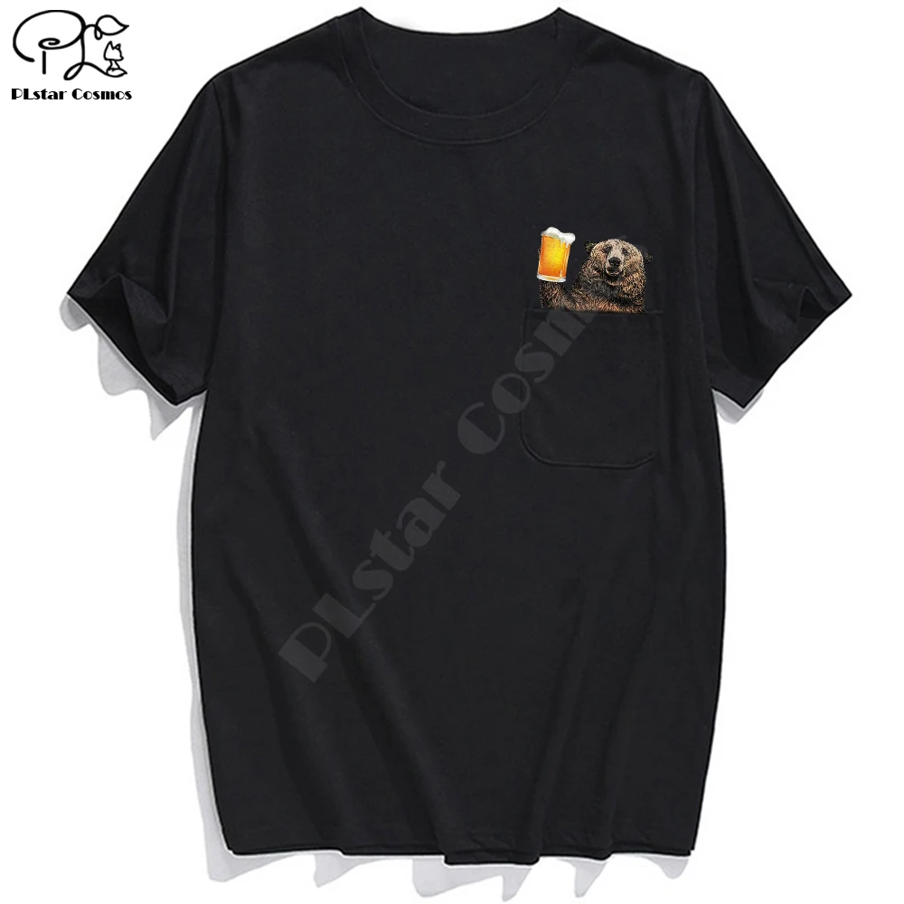 T Shirt Fashion Brand summer pocket funny Beer bear printed t-shirt men for women shirts Hip hop tops black cotton tees