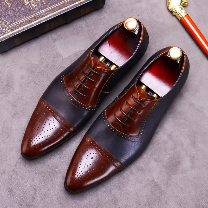 

2021 Wedding Shoes Men Groom Business Dress British Pointed Shoes Genuine Leather Men's Brock Carved Color Matching Formal Shoes