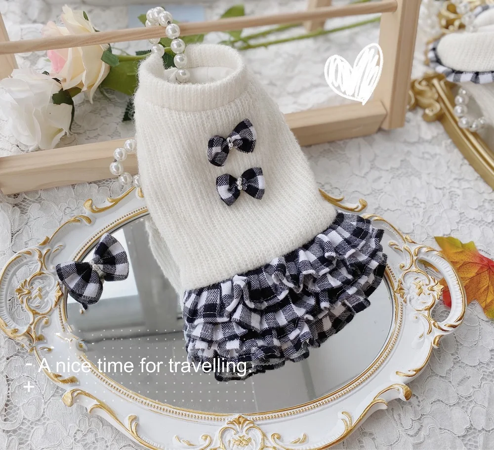 Handmade Dog Clothes Sweater Dress Jumper Pet Couples Black White Plaid Cake Skirt Thick Warm Winter Outerwear Holiday