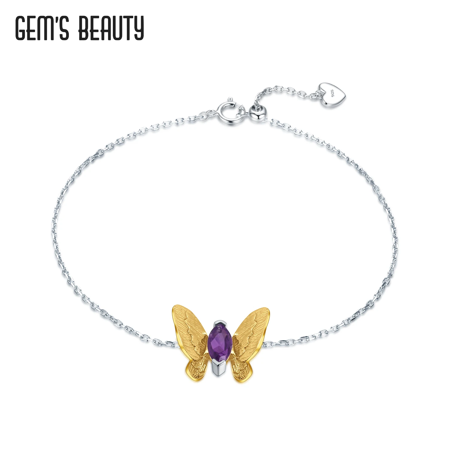 

Gem's Beauty 925 Sterling Silver Butterfly Gold Filled Bracelet Natural Amethyst Charm Bracelet For Women Fine Jewelry