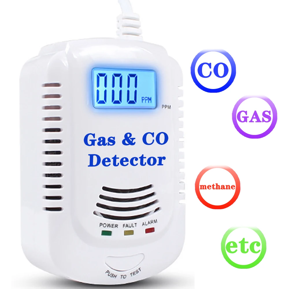 2 em 1 combustível detector de vazamento de gás natural sensor monóxido de carbono display lcd dois métodos de alimentação sistema alarme para casa