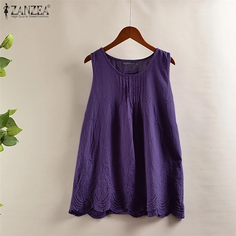 ZANZEA 2023 Lace Tops Women\'s Hollow Bllouse Elegant Casual Summer Tank Tunic Female O Neck Sleeveless Blusas Chemise