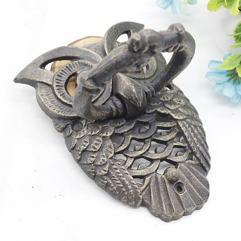 Imagem -04 - Metal Coruja Figura Porta Knocker para Jardim Ferro Fundido Cor Marrom Artes da Parede Artesanato Artesanal Anéis Handle Knocker Hardware pc