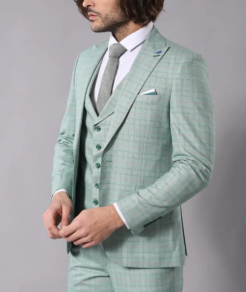 3 pezzi Plaid verde smoking da uomo Blazer e pantaloni e gilet sposo Groomsmen abito abiti da uomo moda su misura