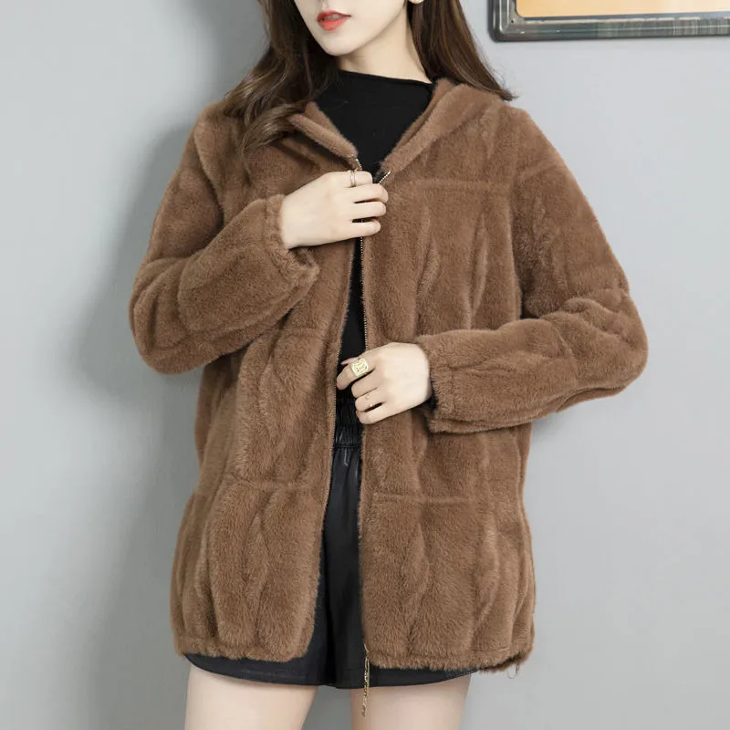 Abrigo de terciopelo de visón de imitación para mujer, chaqueta gruesa con capucha de piel Artificial, suéter tejido con cremallera, Tops KW1112, otoño e invierno, 2021